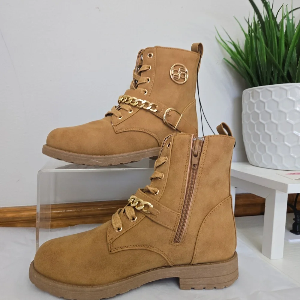 NWT Bebe Girl Stylish Tan Ankle Boots with Chain Detail